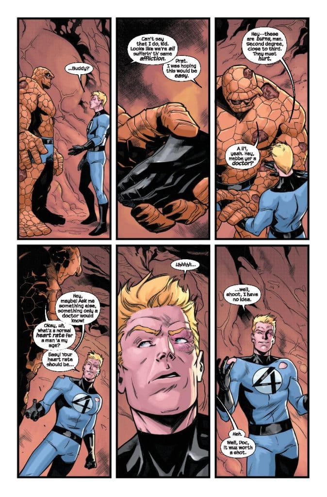 A comic book panel featuring two characters conversing in a rocky environment. One character is a large, rocky figure (The Thing) and the other is a man in a blue superhero outfit (Mr. Fantastic). The dialogue reflects humorous exchanges about their afflictions and a medical inquiry.