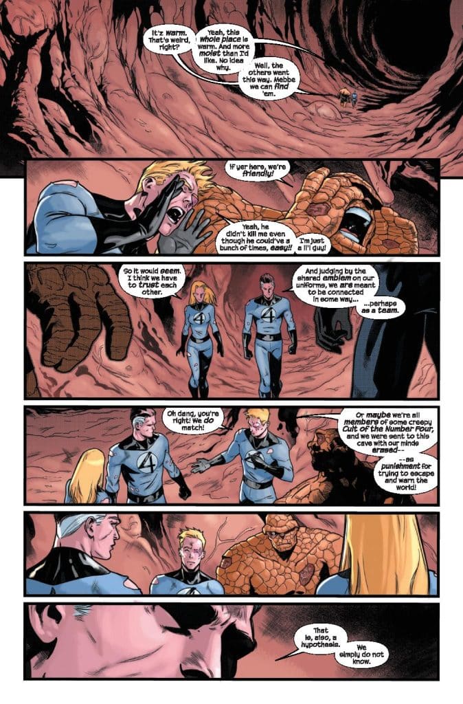 Comic panel featuring characters from the Fantastic Four discussing their situation in a warm, cave-like environment. The characters express confusion about their surroundings and speculate on their connections and identities.