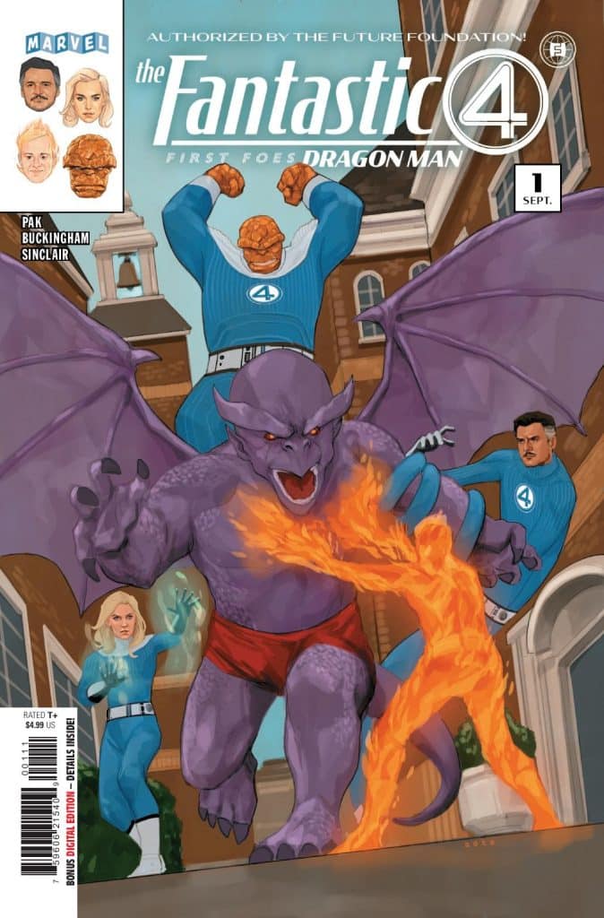 Cover of the comic book 'The Fantastic Four: First Foes - Dragon Man' featuring the villain Dragon Man, a purple creature with wings and flames, facing off against the Fantastic Four team members.