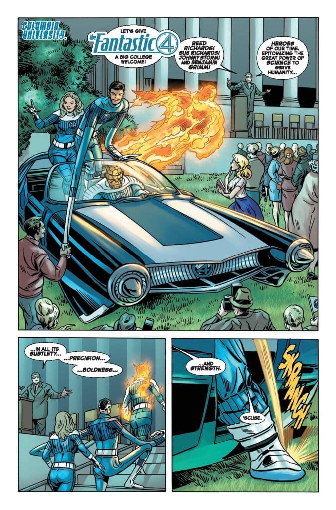 A comic panel featuring the Fantastic Four being welcomed at Columbia University. Reed Richards, Sue Storm, Johnny Storm, and Benjamin Grimm are shown in a stylized car amidst a crowd. There's a sense of excitement and celebration with flames and applause in the scene.