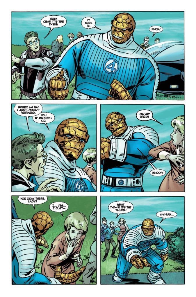 A comic panel featuring the character Thing from the Fantastic Four, interacting with a group of surprised people. One person expresses shock at seeing him, while another looks panicked. The background shows a park-like setting.
