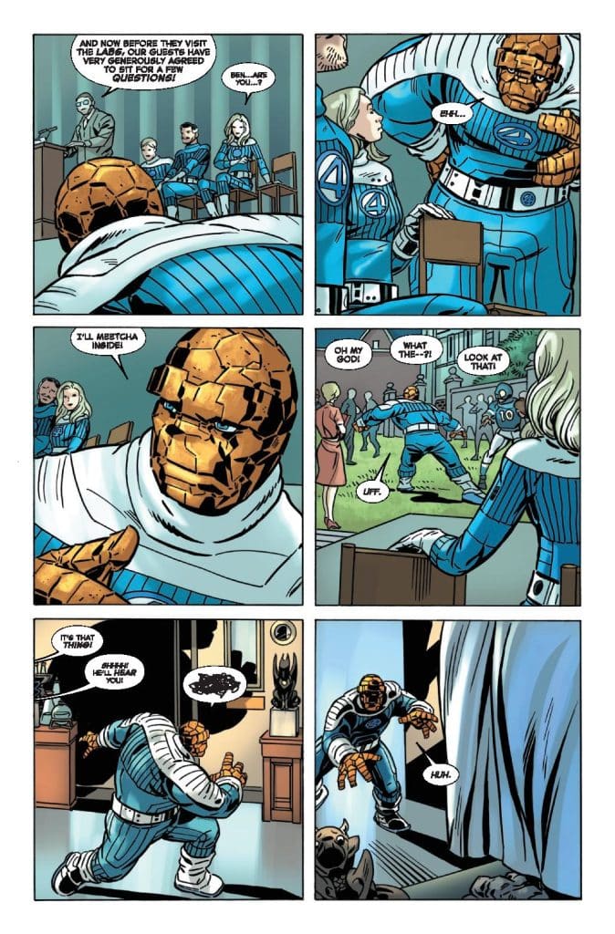 A comic book page showing a character known as 'The Thing' from the Fantastic Four in various panels. In the first panel, he addresses an audience while seated, including a woman in a blue outfit. In the following panels, reactions of surprise and concern are depicted as he appears to respond to an event outside, with speech bubbles expressing shock. The final panel shows him in a crouched position, suggesting a humorous or dramatic moment.