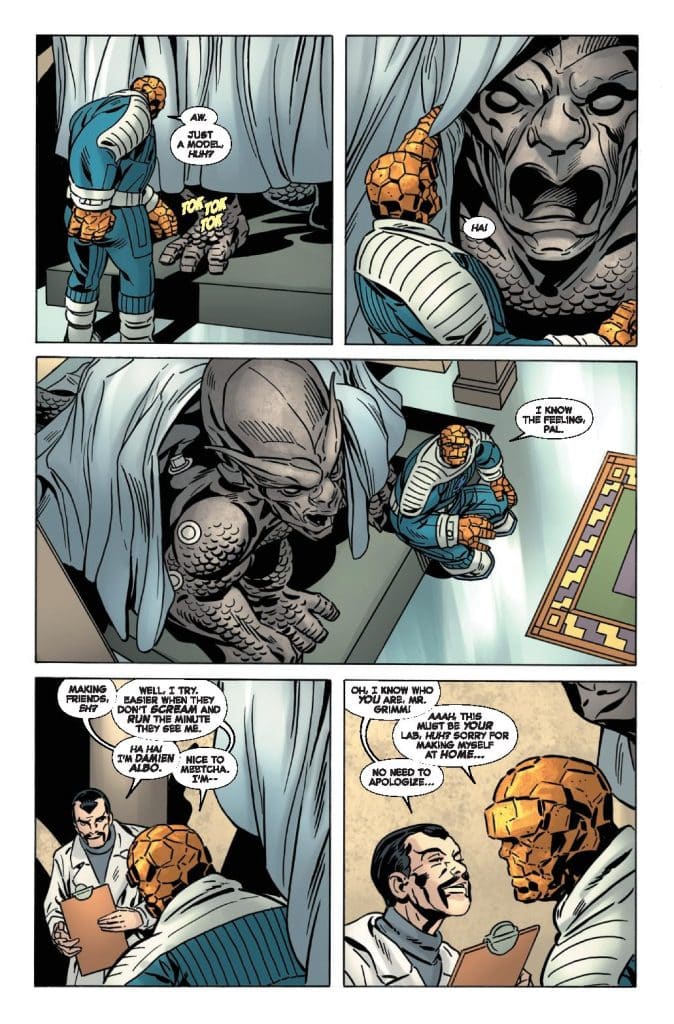 Comic panel featuring two characters, one resembling a humanoid figure made of rock and another that appears to be an alien with a large head, engaged in a humorous conversation in a laboratory setting.