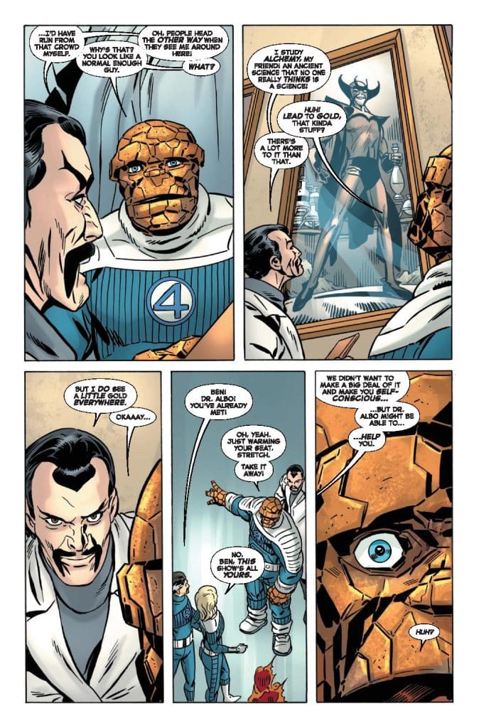 A comic book scene featuring a character with a rocky appearance, wearing a blue suit with the number 4, engaging in conversation with two other characters in a lab setting. One character has a mustache, while the other is wearing a lab coat. In the background, there's a reflection of a superhero figure in a display case.