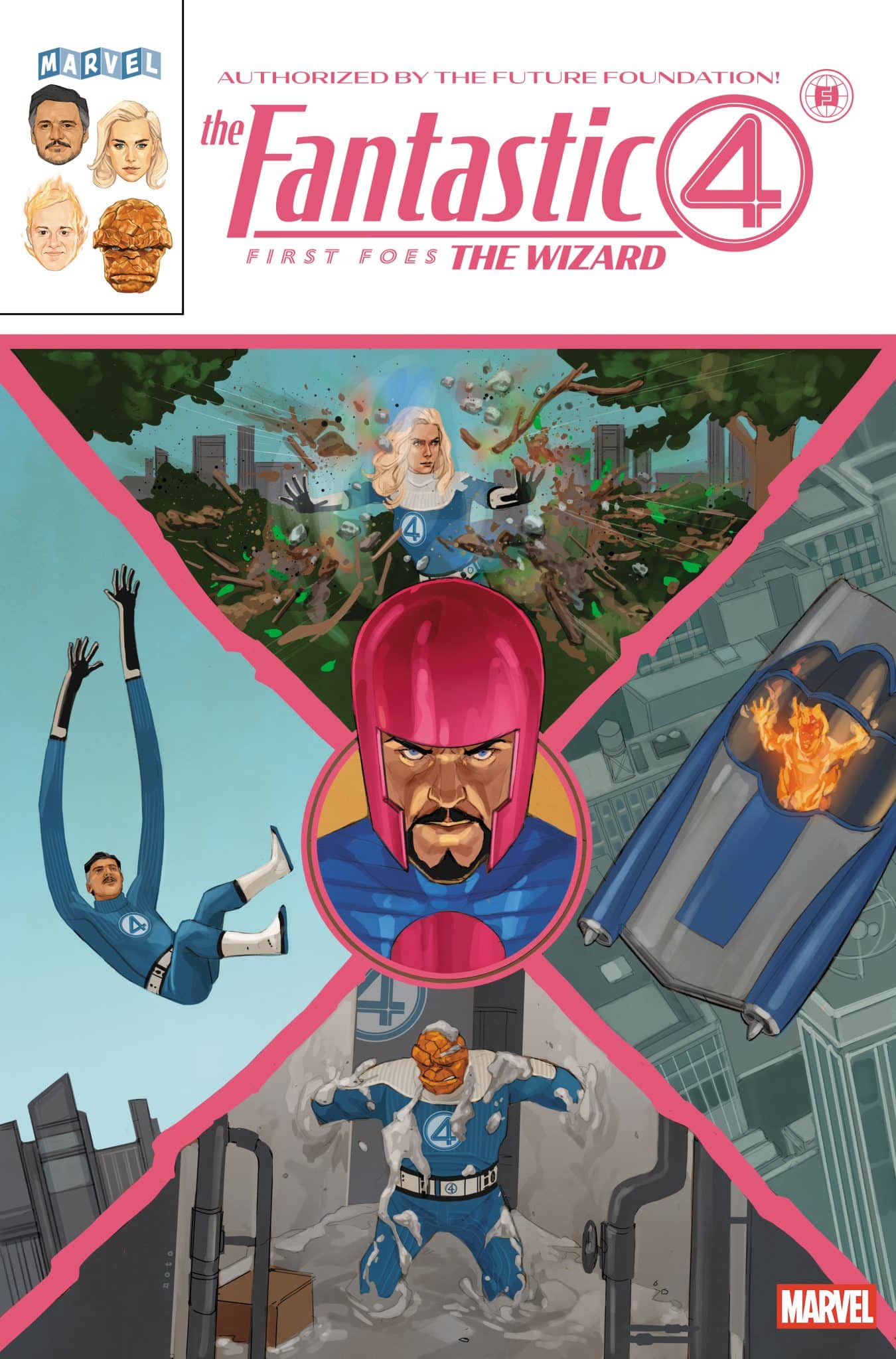 Cover of a comic book featuring the Fantastic Four, showcasing various characters including a woman with blonde hair, a man in a blue costume with flame powers, and a figure in a pink helmet. Scenes depict action with explosions and characters in dynamic poses.