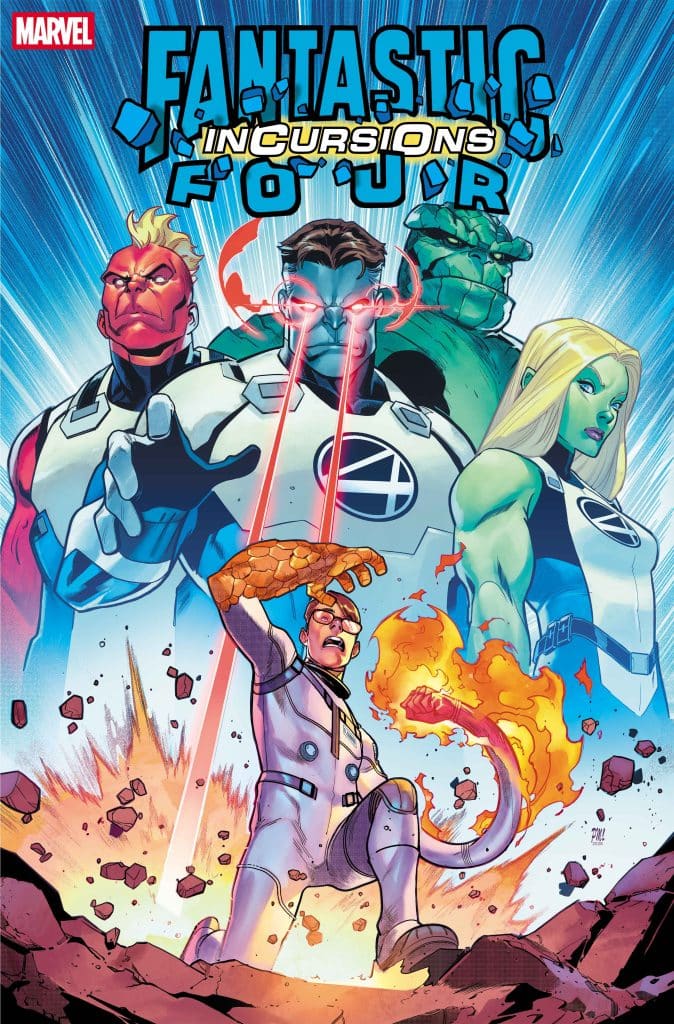 Cover art of Marvel's 'Fantastic Four: Incursions,' featuring four superheroes: a strong character with rock-like skin, a man shooting energy beams, a green character, and a character with flame powers, set against a vibrant blue background.