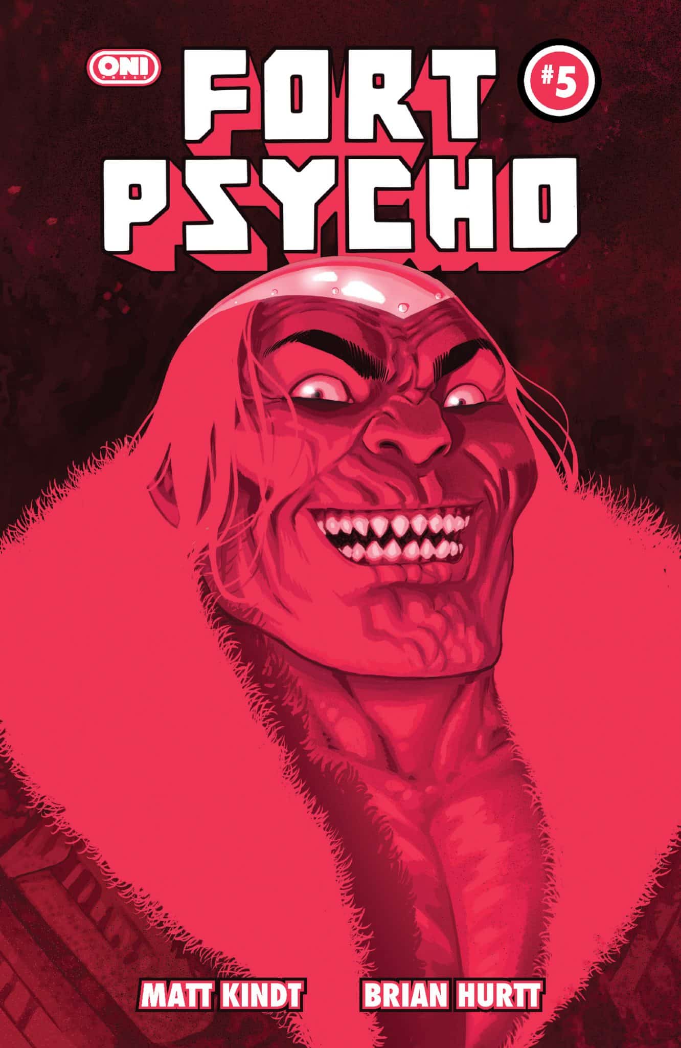 Cover of 'Fort Psycho' issue #5 featuring a villainous character with a sinister smile, illustrated in bold pink and red tones.
