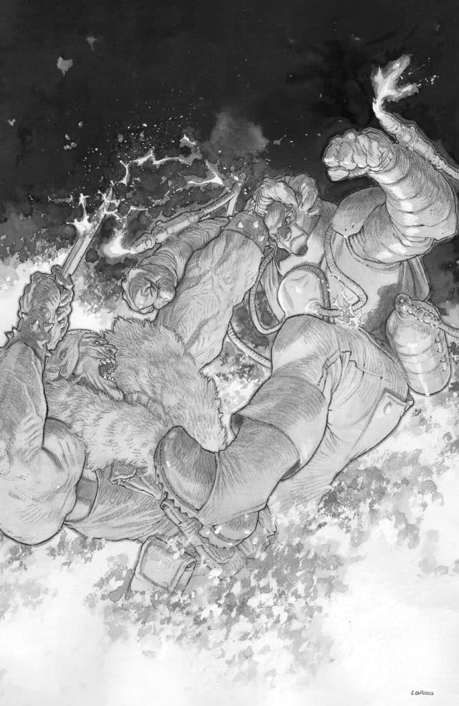 A dynamic black and white illustration of two powerful warriors engaged in a fierce battle, with one warrior delivering a punch while the other struggles. It features intense facial expressions and detailed muscular anatomy, set against an abstract, stormy background.