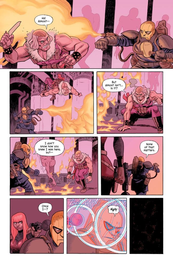 A comic panel depicting a confrontation between two characters, one with white hair and a muscular build, wielding a weapon, while another armored character stands nearby. Flames erupt in the background, creating a dramatic atmosphere. Characters express tension through dialogue about 'almost' missing a point, indicating a moment of conflict.