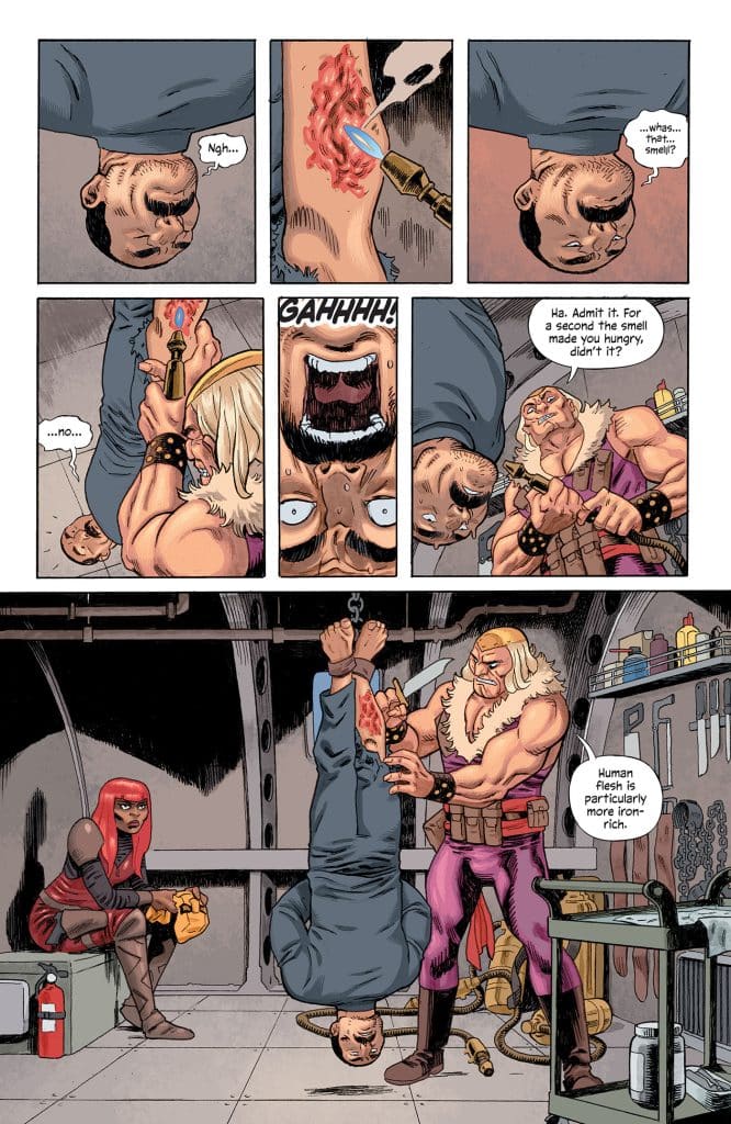 A comic book page featuring a dramatic scene with a man being tortured, receiving a painful treatment on his arm. Surrounding him are two muscular figures, one holding a tool and another making a sarcastic comment. In the background, a woman sits observing the scene. The artwork conveys tension and dark humor.