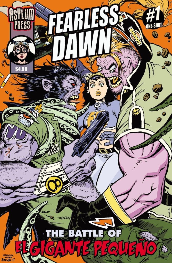 Comic book cover of 'Fearless Dawn #1' featuring an intense battle scene with a female character in the center and two muscular figures on either side, set against an orange background.