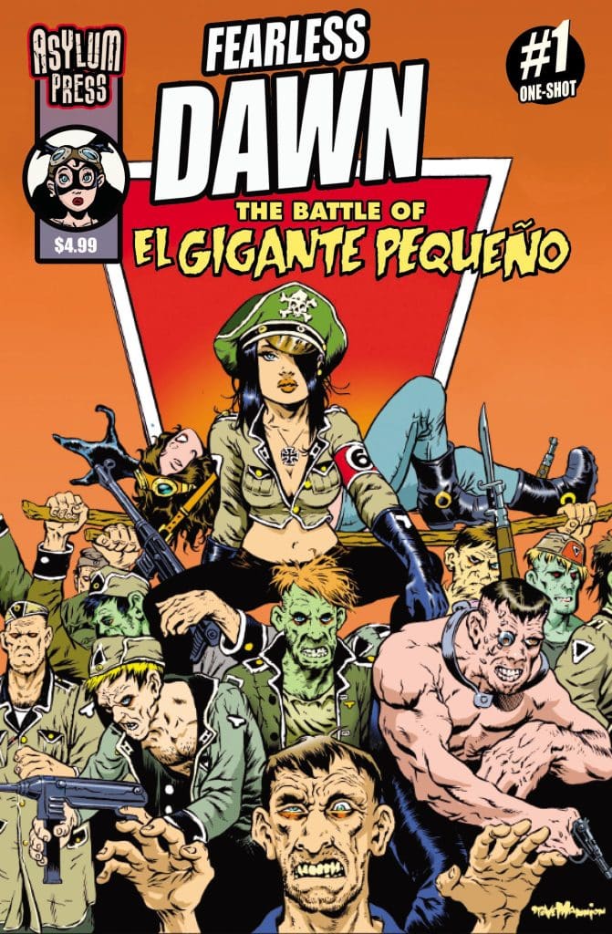 Comic book cover titled 'Fearless Dawn: The Battle of El Gigante Pequeño' featuring a central female character in a military uniform surrounded by various characters including soldiers and monsters, with bold colors and graphic art style.