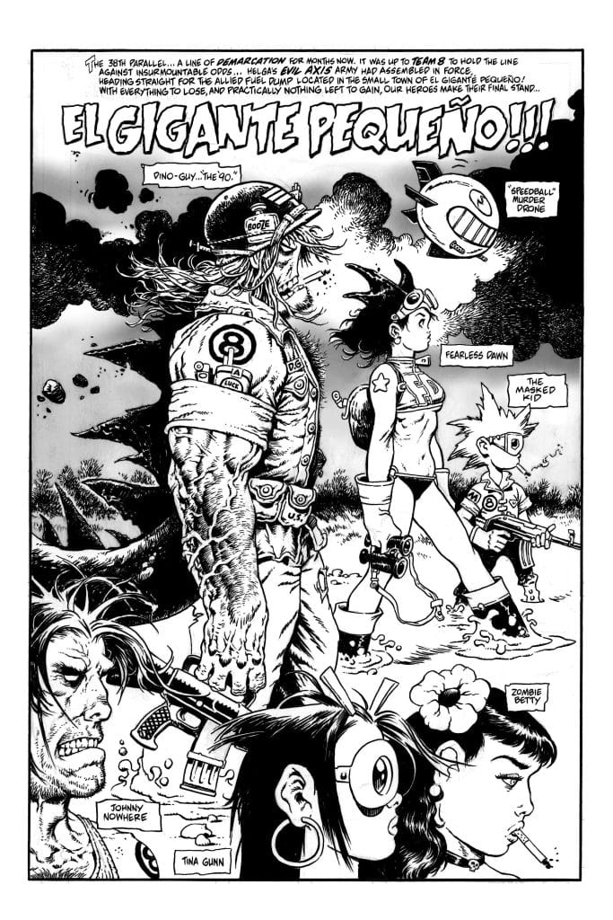 A black and white comic book illustration featuring a group of diverse characters, including a muscular man with long hair, a girl with a headband and glasses, and a character carrying a gun, all set against a chaotic landscape with explosions and debris.