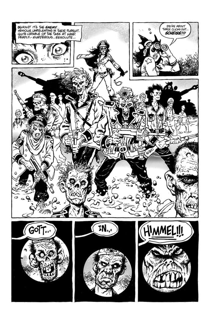 Comic page featuring a group of zombie soldiers in military attire, displaying fierce expressions and holding weapons. The top section includes close-ups of eyes and a character using binoculars, with dramatic dialogue emphasizing the threat they pose.