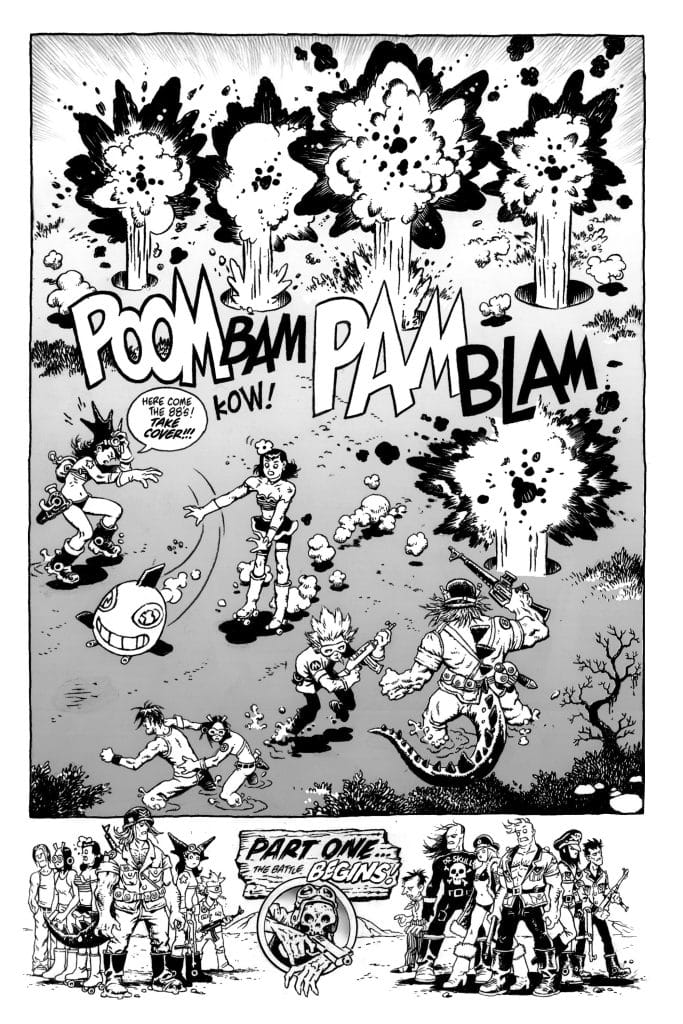 A comic-style illustration featuring explosive words like 'POOM', 'BAM', and 'BLAM' amidst smoke and chaos. The scene shows characters engaged in a dynamic battle, with various fantasy elements and weapons. Below, a banner reads 'PART ONE: THE BATTLE BEGINS!' with a skull emblem.