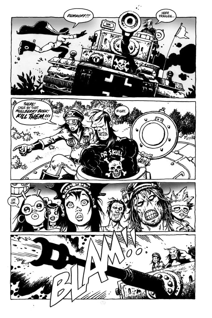 A black-and-white comic panel depicting a dramatic scene with characters reacting to a tank. The tank has a skull insignia and is firing, creating a loud 'BLAM!' sound effect. Characters show various emotions, including shock and determination.