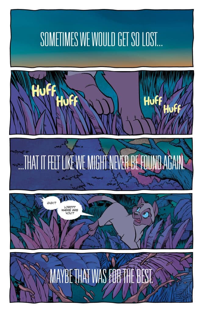 A comic panel depicting a character looking anxious in a dense forest, with dialogue expressing feelings of being lost and unsure.