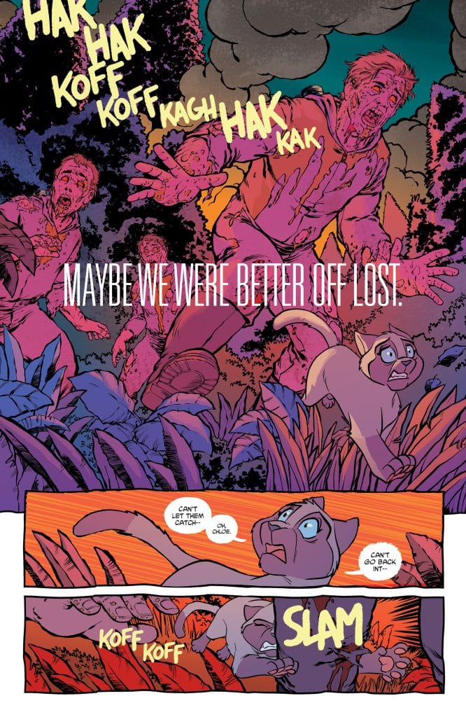 A comic panel depicting a frantic scene with characters in distress, surrounded by dark, chaotic backgrounds and foliage. The text reads: 'MAYBE WE WERE BETTER OFF LOST.' Various expressions of fear and urgency are shown on the characters' faces as they react to an unseen threat.