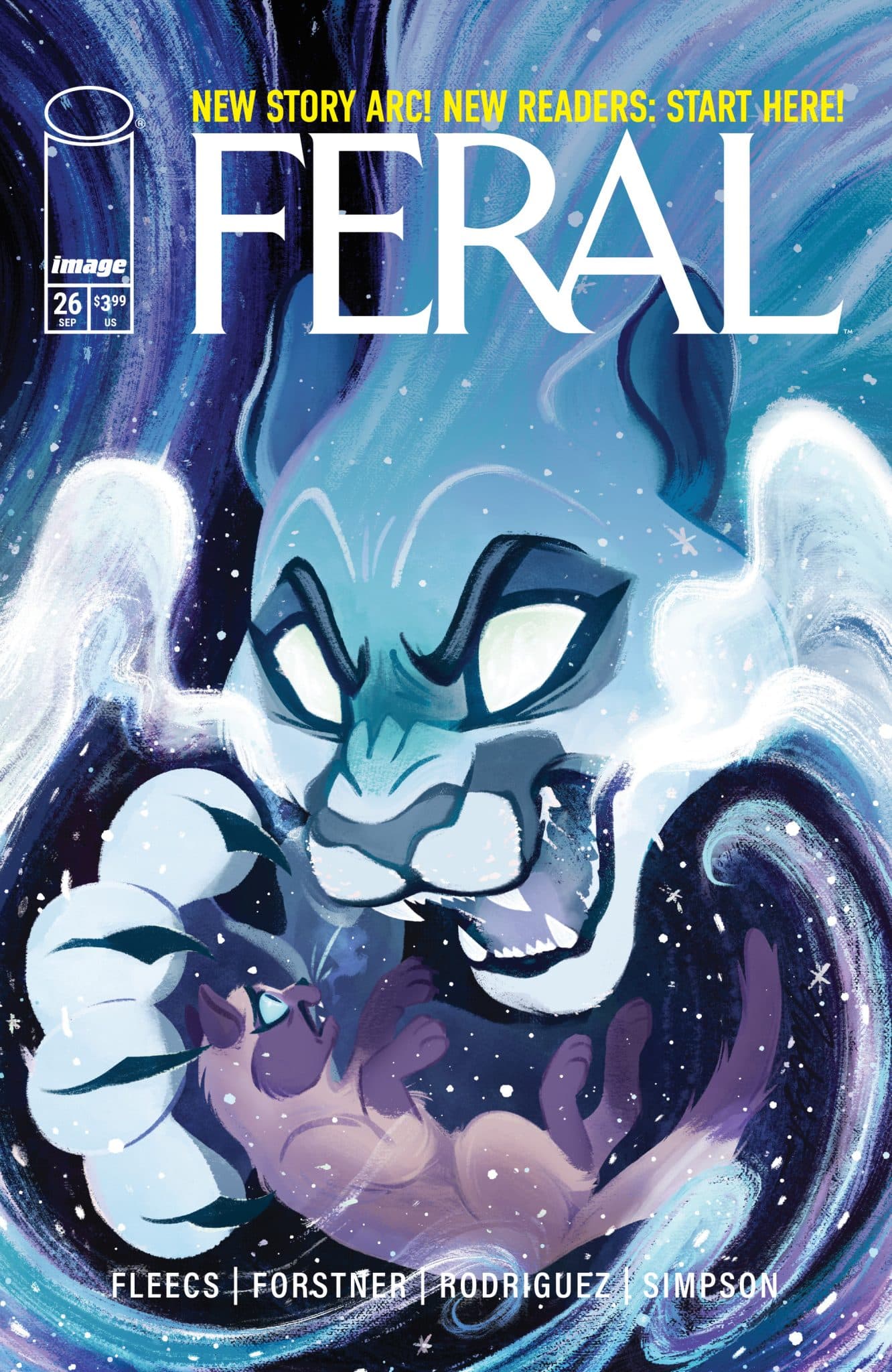 Comic book cover titled 'Feral', featuring a dramatic illustration of a large, mystical lion looming over a smaller creature in a cosmic background, with swirling colors and stars.
