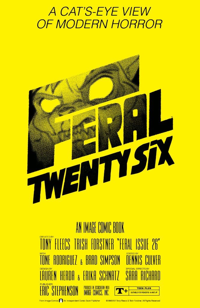 Cover of 'Feral Issue 26', an Image comic book, featuring bold typography on a bright yellow background, with credits for creators, editors, and publisher.