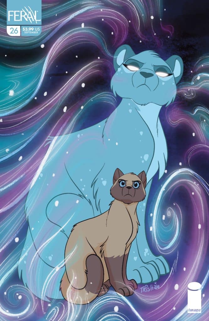 A digital illustration featuring a blue, ethereal lion-like creature alongside a small brown and beige cat with bright blue eyes. They are set against a cosmic background with colorful swirls and stars, suggesting a mystical atmosphere.