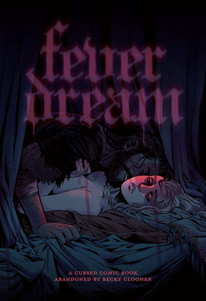 Cover art for 'Fever Dream', a comic book featuring dark, moody colors and surreal imagery of a man and woman entwined, with the title prominently displayed in a ghostly font.