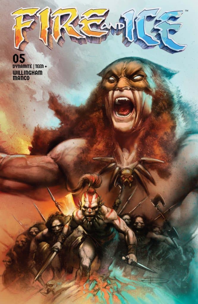Comic book cover for 'Fire and Ice' issue 5 featuring a fierce warrior in the foreground wielding a spear, surrounded by other warriors with weapons, and a large, roaring figure in the background.