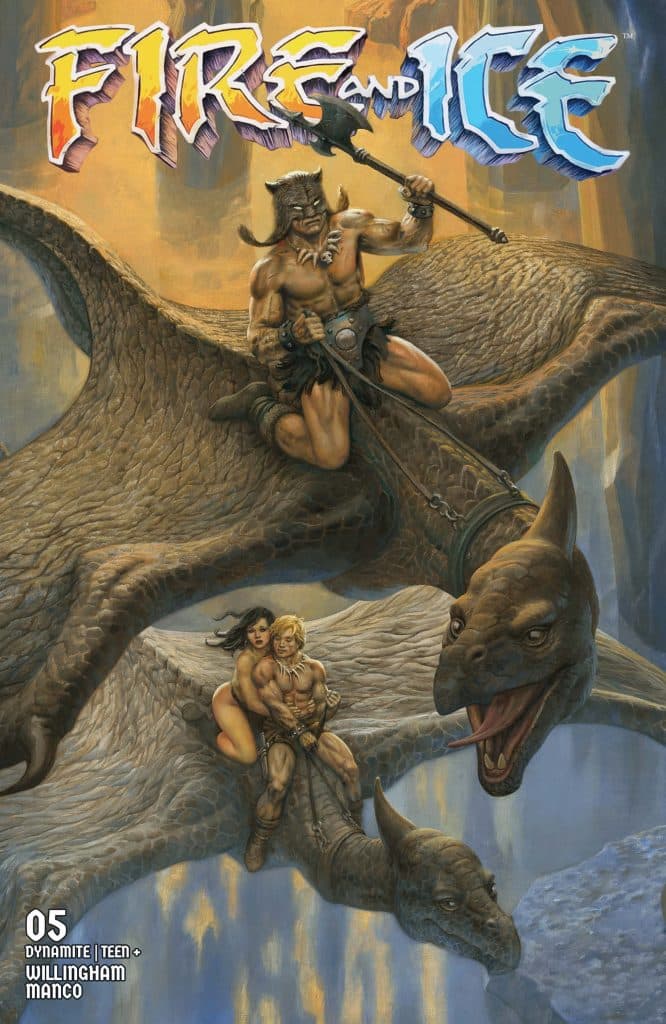 Cover of 'Fire and Ice' comic issue featuring two characters riding on dragon creatures, surrounded by a fantastical landscape.