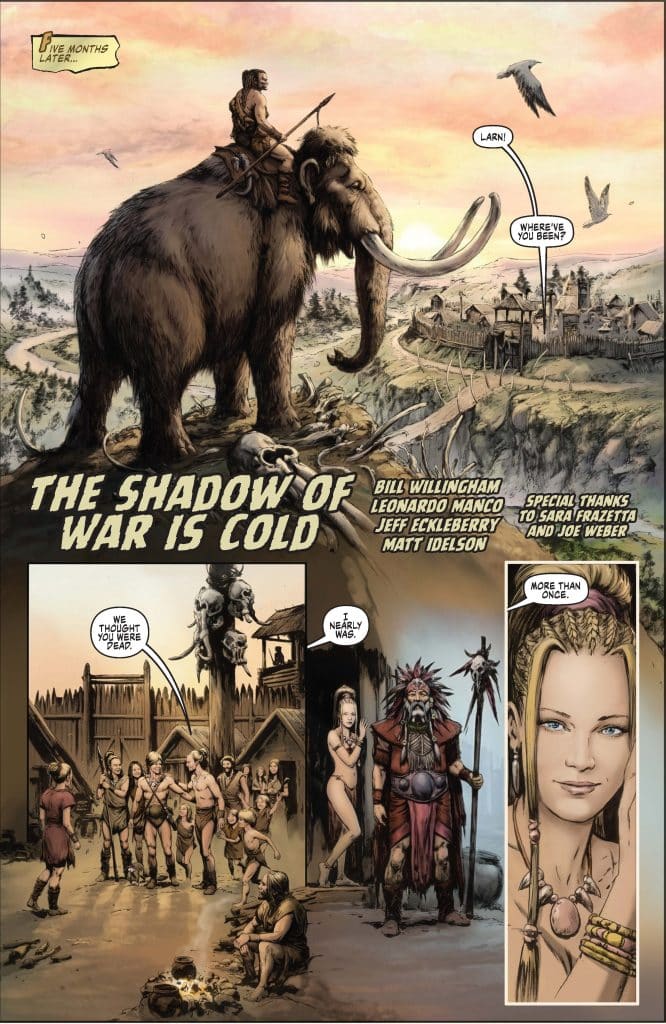 A comic book page featuring a warrior on a mammoth, looking over a village. The panel includes dialogue bubbles and a varied group of characters interacting. The title 'The Shadow of War is Cold' is prominently displayed at the top.