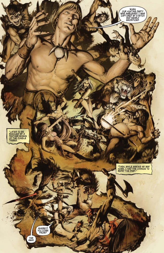 A comic book illustration featuring a muscular man in a tribal setting, surrounded by various characters including women, creatures, and warriors. The scene depicts a chaotic battle with expressions of aggression and intensity, along with speech bubbles providing narrative elements about a hunting party ambushed by a witch.