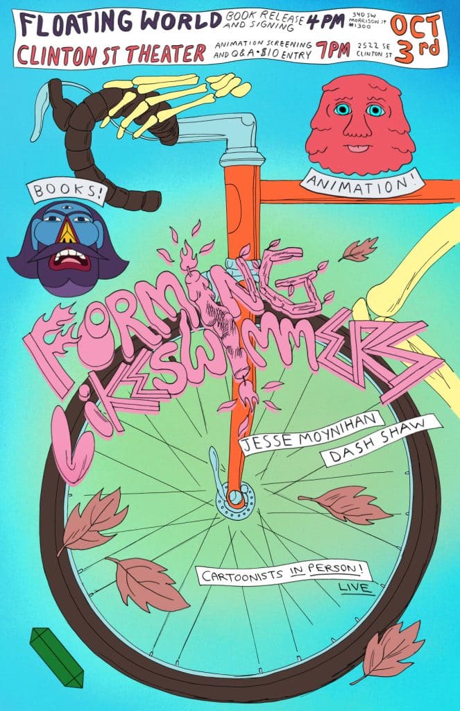 Event poster for a book release and signing at Clinton St Theater, featuring illustrations of a bike, characters, and text announcing the schedule with cartoonists Jesse Moynihan and Dash Shaw.