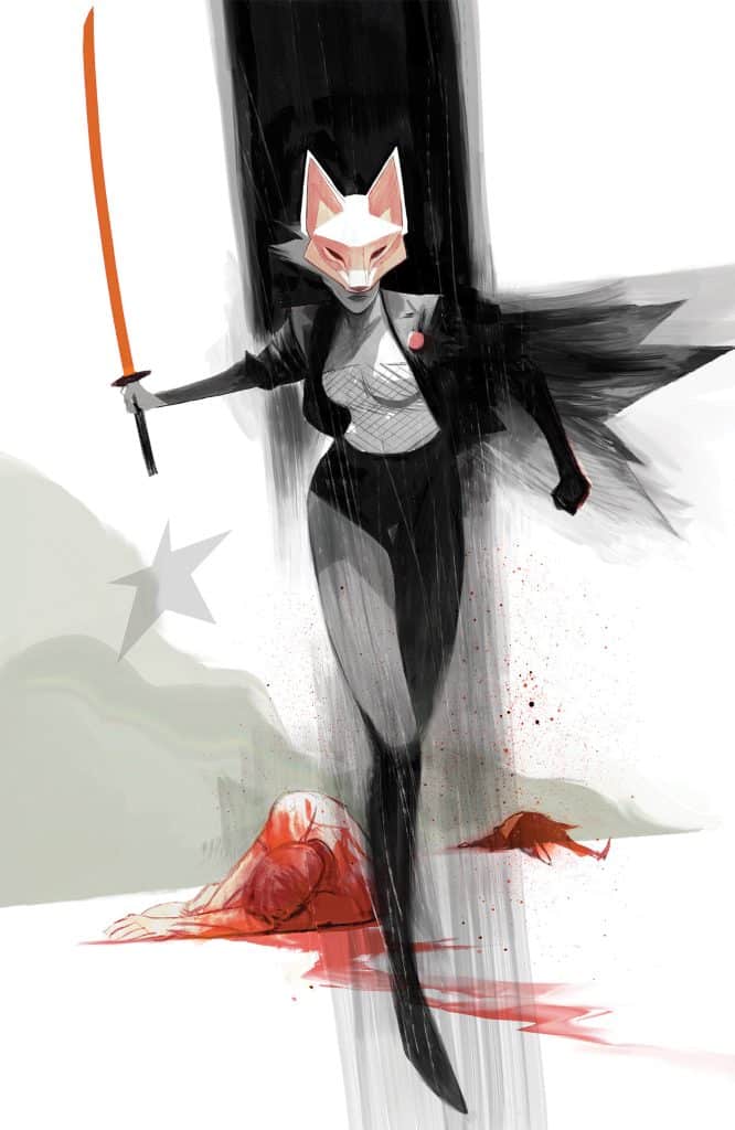 A stylized female figure wearing a fox mask and a black blazer, wielding an orange sword, with a dramatic stance and splashes of red around her.
