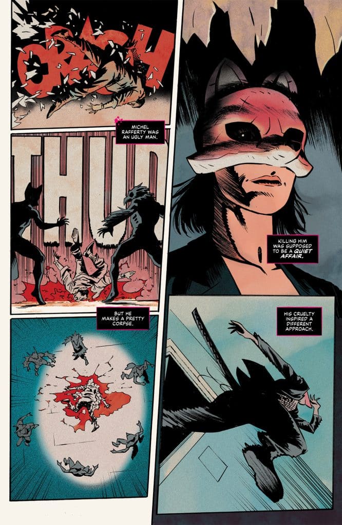 A comic book panel depicting an intense scene with dynamic action. The left panel shows a character being thrown through debris with the word 'CRASH!' emphasized. The central panel features a character with a fox mask, conveying a serious expression alongside text about a man named Michel Rafferty. The bottom panel illustrates a chaotic fight, while the right panel shows a figure in a dark outfit leaping through a window.