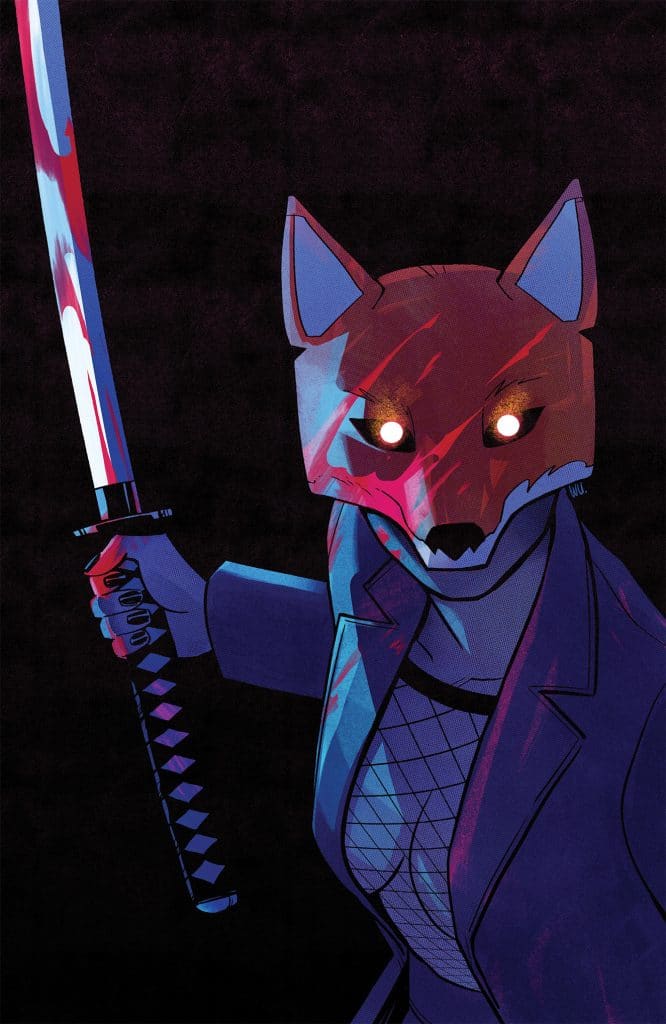 A character wearing a fox mask and a blazer, wielding a sword, set against a dark background.