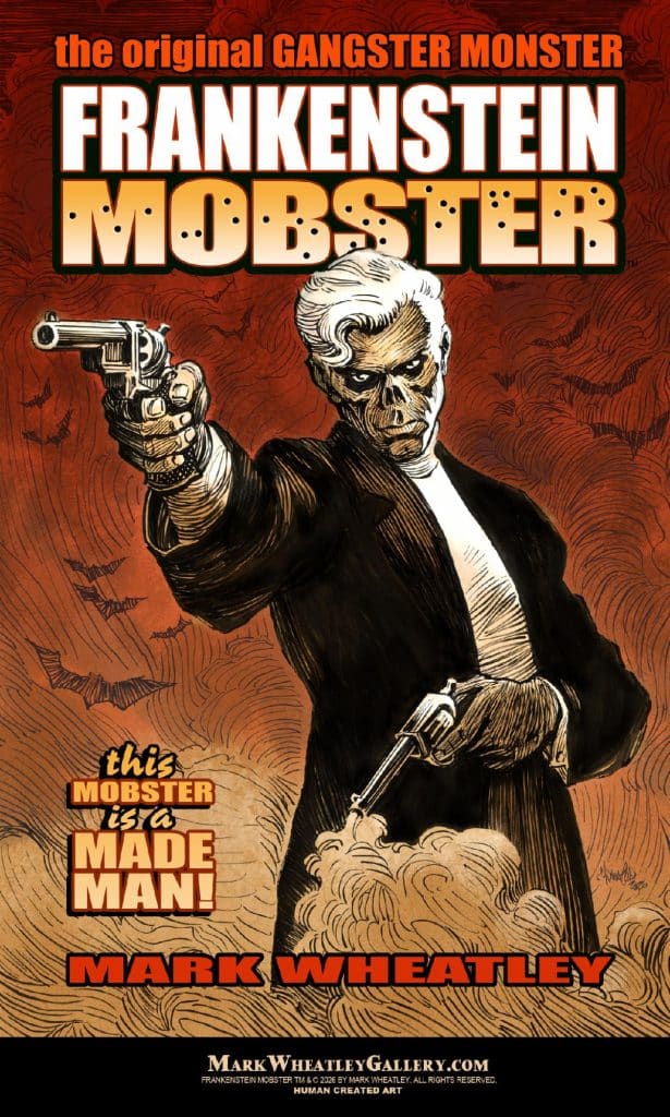 A stylized illustration of a Frankenstein-themed mobster holding a gun, with the text 'Frankenstein Mobster' prominently displayed above. The background features swirling clouds and bats, enhancing the spooky, gangster theme.