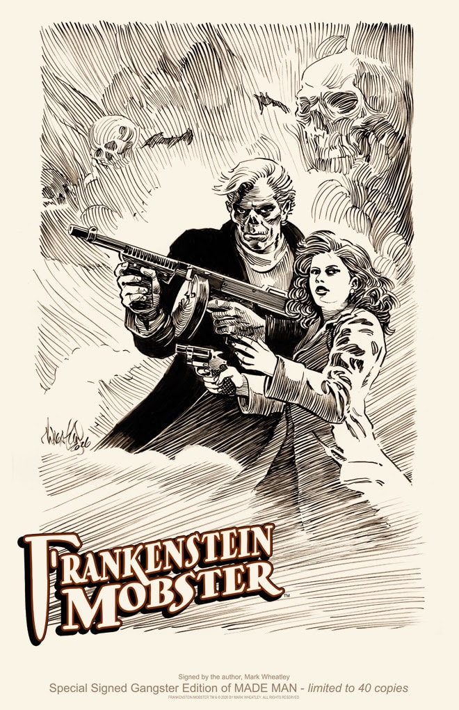 An illustration featuring a Frankenstein monster holding a Tommy gun alongside a woman, with ghostly skulls and bats in the background. The title 'Frankenstein Mobster' is prominently displayed at the bottom.