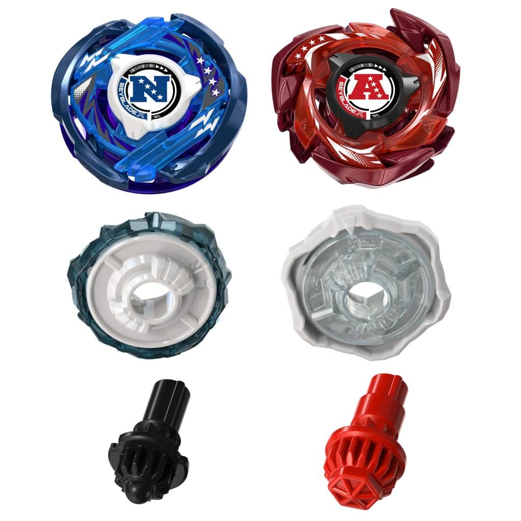 Two spinning tops, one blue representing the NFC and one red for the AFC, accompanied by various base components in different colors.