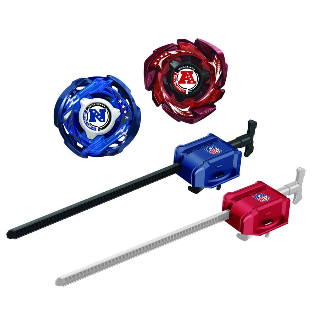 Two spinning tops with NFL team designs, one blue representing the NFC and one red for the AFC, alongside two launchers in matching colors.