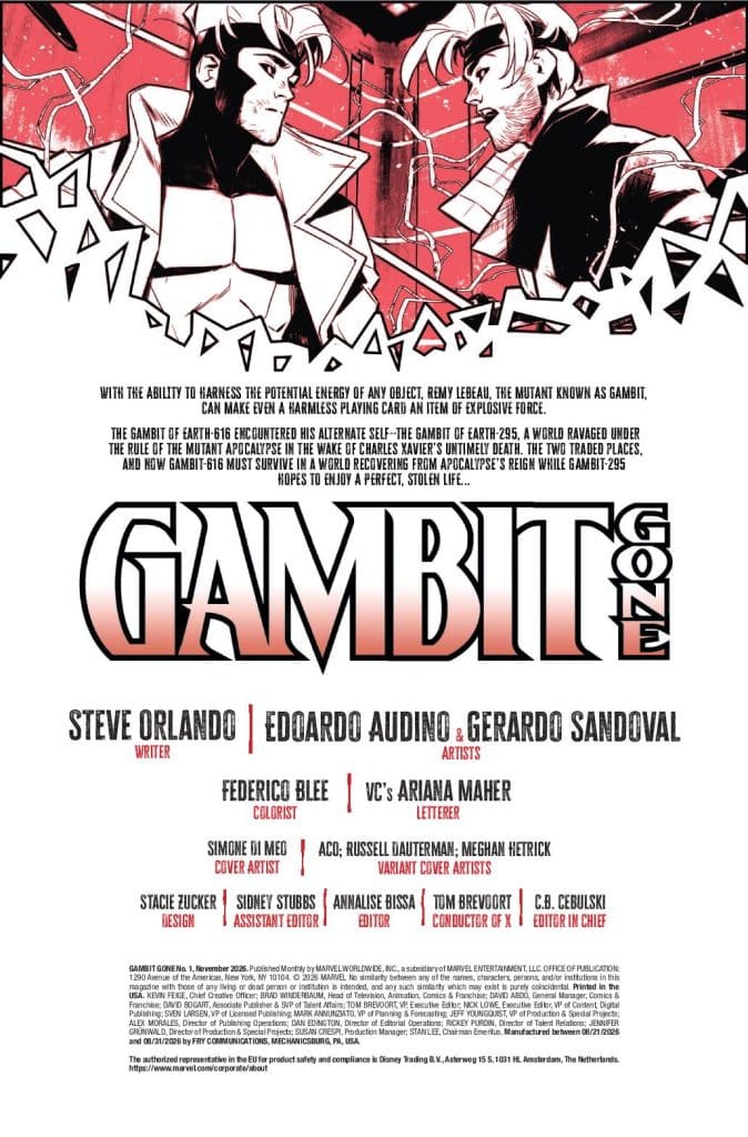 Comic book cover featuring characters Gambit and his alternate self, with stylized artwork and text describing their abilities and storyline. Includes credits for writers, artists, and editorial team.