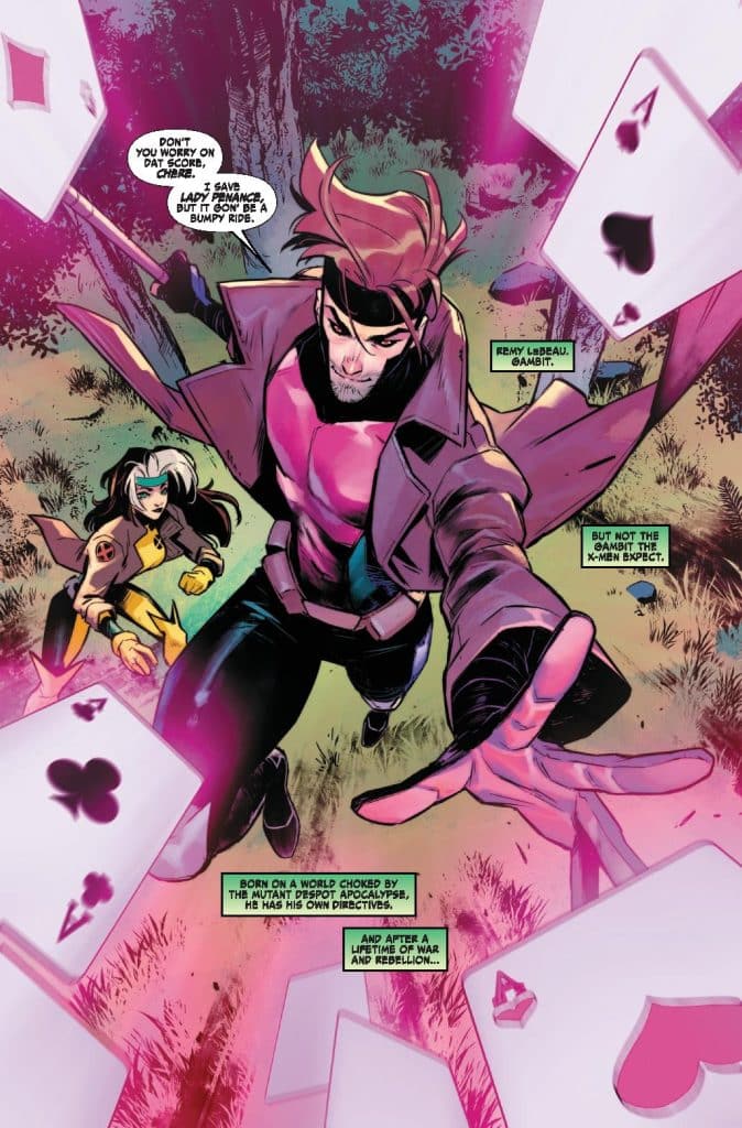 A comic book scene featuring two characters, Remy LeBeau (Gambit) in a gray coat and Rogue in a yellow and black outfit, surrounded by floating playing cards. The background is dark with a hint of mystical effects.
