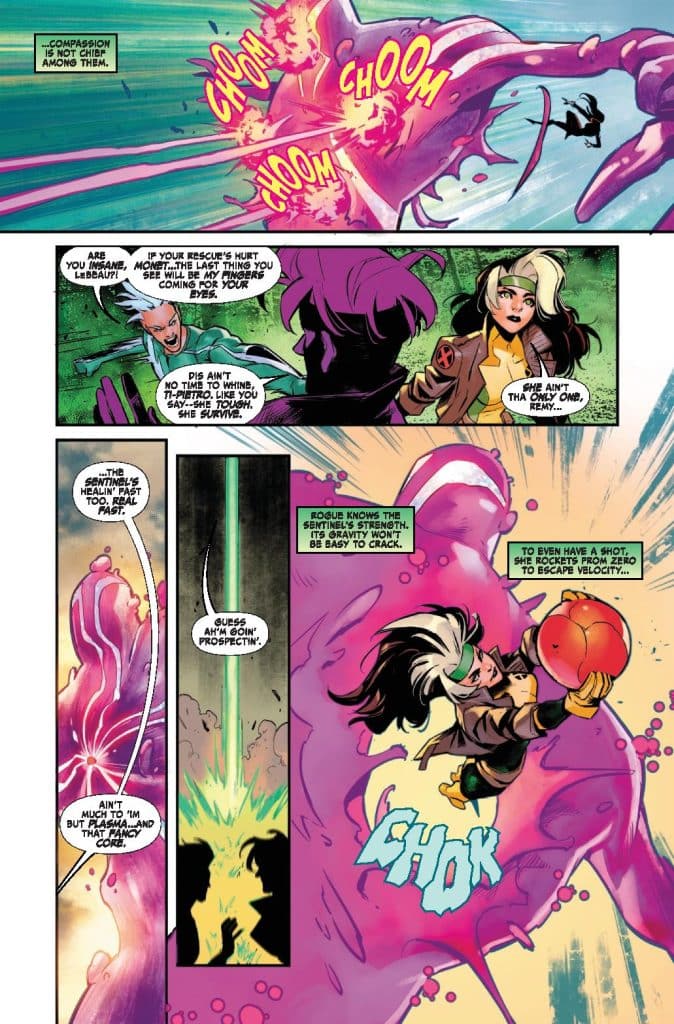 Comic book page featuring an action scene with characters engaged in a confrontation. One character throws an object causing an explosion effect, while another character reacts with surprise. Speech balloons convey dialogue about rescue and challenges.