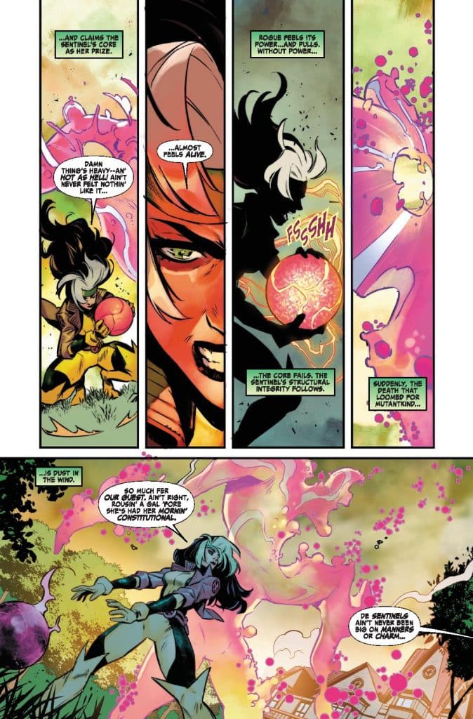 A comic panel showcasing a character, Rogue, feeling the power of an energy orb in her hand while exhibiting intense emotions. The background features vibrant colors and swirling pink and purple energy, indicating a mystical or dramatic moment. Dialogue bubbles convey their thoughts about power and loss.