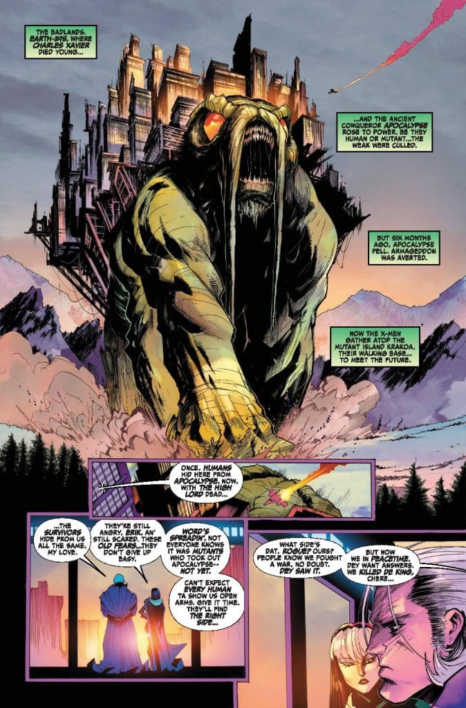 A comic book page featuring a giant creature with an imposing presence, set against a backdrop of a futuristic cityscape. The scene depicts a conversation between two characters, as they discuss past events involving Apocalypse and mutants, with dialogue boxes highlighting their thoughts and fears.