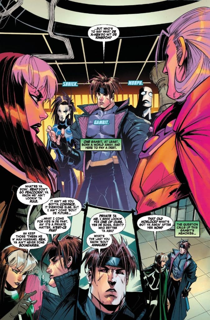 A group of characters engaged in conversation, with Gambit in the foreground, flanked by other characters. The scene features comic book style artwork with vibrant colors and speech bubbles discussing various topics.