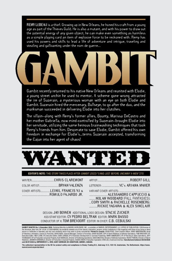 A comic book page featuring a wanted poster for Gambit, highlighting his background and recent adventures in New Orleans. The text discusses his character, powers, and plot involving Elodie and the villain Suzerain.