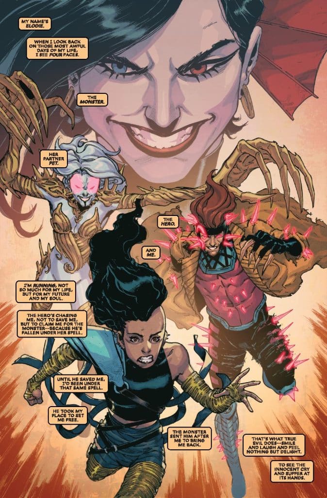 A comic book page featuring three characters: a woman with dark hair and a determined expression, a monstrous figure with claws, and a muscular hero with glowing powers, set against a vivid background. The characters appear to be in a dynamic conflict, with speech bubbles revealing their thoughts about villains and heroism.