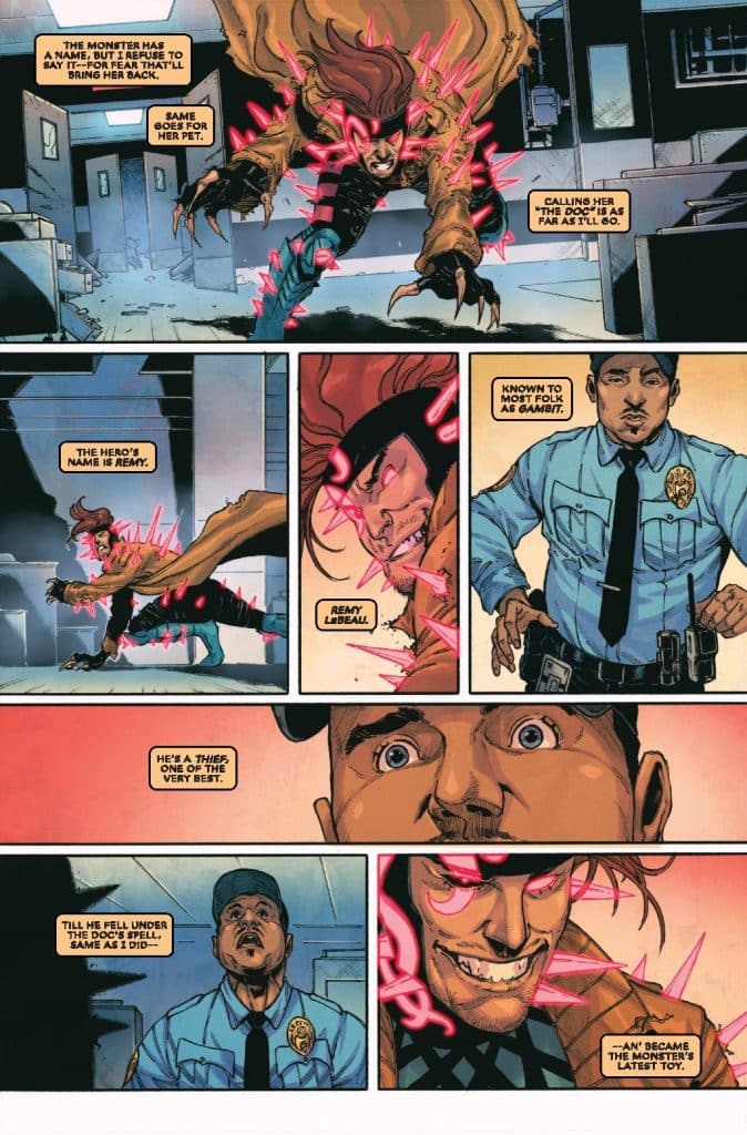 A comic book page featuring a character named Remy, also known as Gambit, displaying powers amidst a confrontation. The scene shows Gambit in action, with a police officer looking surprised, as Gambit interacts with a creature.