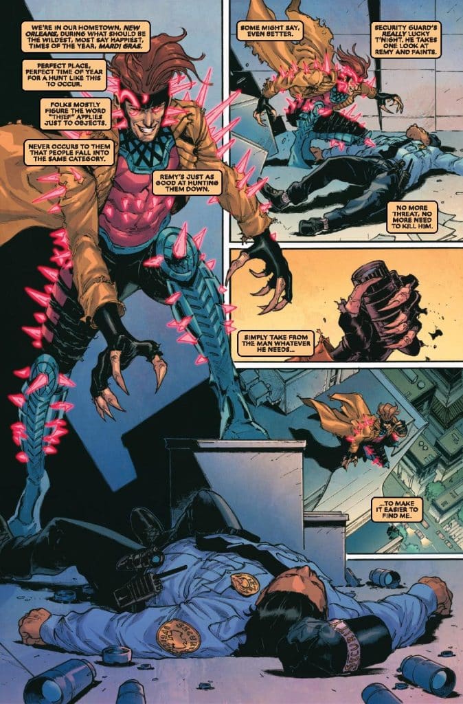 A comic panel showing a character with spiky features and a bright costume in a dynamic pose, appearing threatening. In the background, a police officer lies unconscious on the ground. The scene is set in an urban environment during Mardi Gras, with hints of chaos and tension.