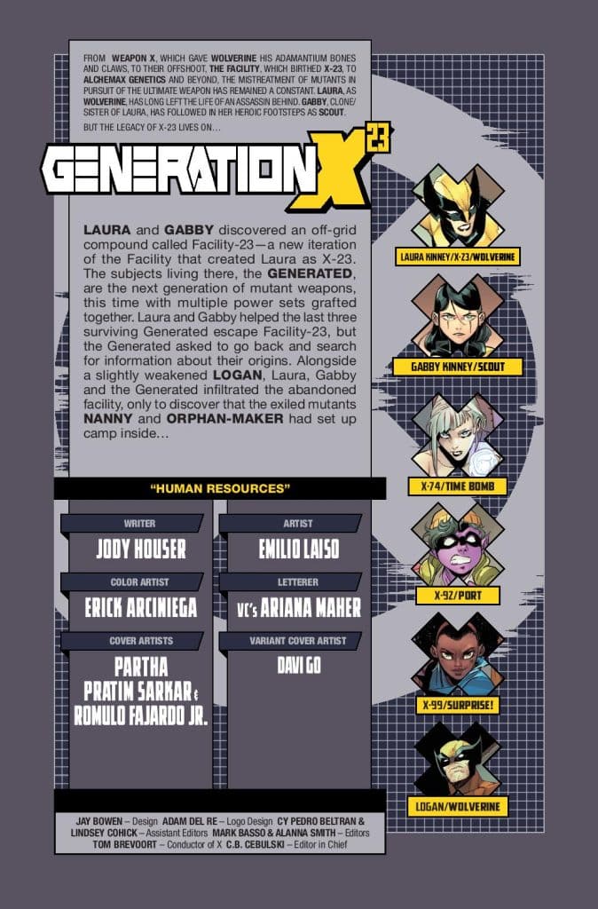 Comic book cover for Generation X^23 featuring characters Laura Kinney (X-23/Wolverine), Gabby Kinney (Scout), Logan (Wolverine), and others, with bold title and credits.