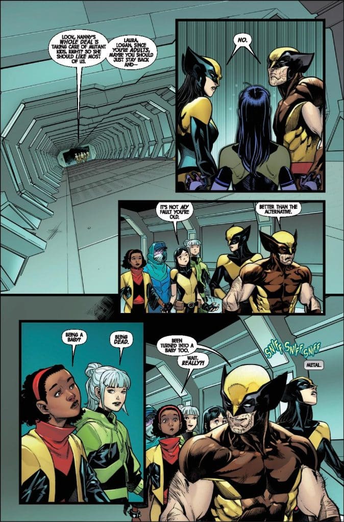 A group of characters from a comic book scene discussing various topics, with a focus on one character resembling Wolverine. The background features a sci-fi corridor.